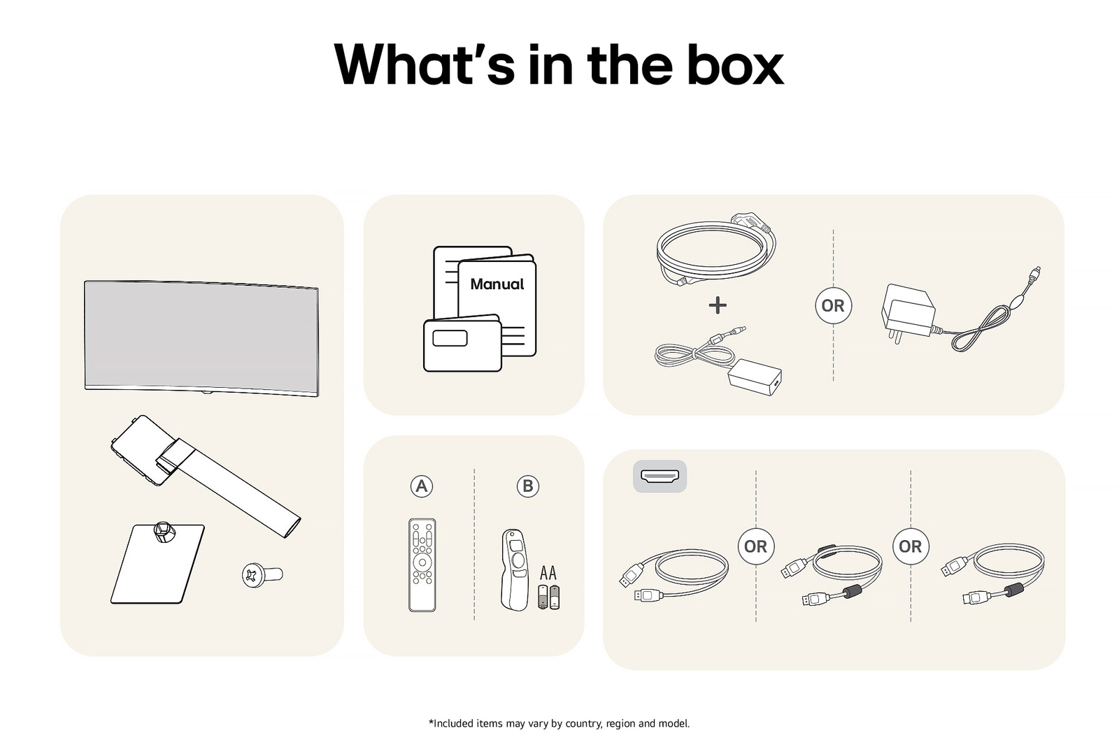 All components included with the LG Smart Monitor 34U601SA: Monitor, stand parts, Magic Remote controls, manual, and various connectivity cables.