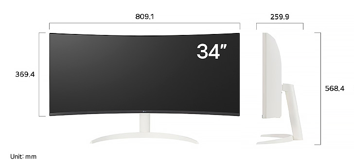 LG Smart Monitor 34SR63QA displaying product dimensions in front and side profile, measuring 809.1 mm width, 369.4 mm display height, 568.4 mm total height, and 259.9 mm depth.