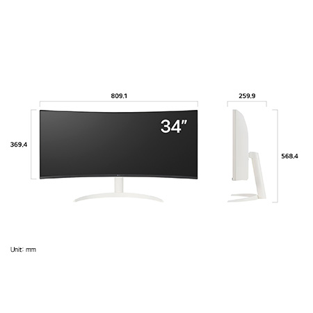 LG Smart Monitor 34SR63QA displaying product dimensions in front and side profile, measuring 809.1 mm width, 369.4 mm display height, 568.4 mm total height, and 259.9 mm depth.