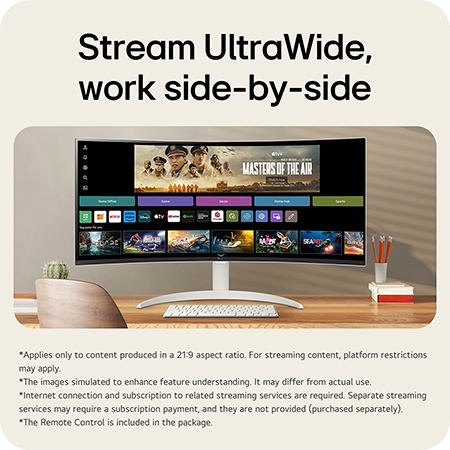 The LG Smart Monitor 34SR63QA with an UltraWide 21:9 screen, ideal for immersive streaming and efficient side-by-side multitasking.