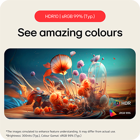 The LG Smart Monitor 34SR63QA supports HDR10 and delivers amazing colours and enhanced image quality with sRGB 99% (Typ.).