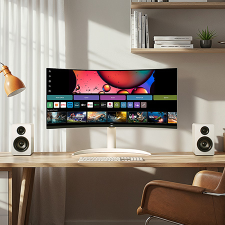 The LG Smart Monitor 34SR63QA in White displays the webOS Home Hub in a stylish desk setup, ideal for productivity and entertainment.