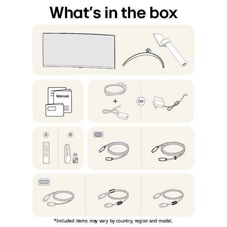 All components included with the LG Smart Monitor 34SR63QA: Monitor, stand parts, Magic Remote controls, manual, and various connectivity cables.