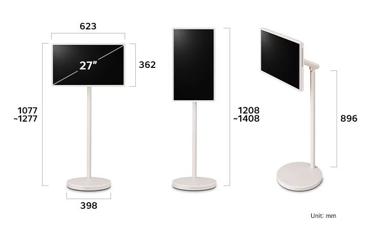 LG StanbyME 2 Super Portable Touch 27" specifications: 623×362×398mm base, 1077-1277mm adjustable height