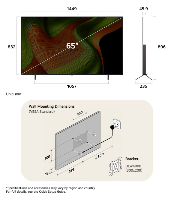 Dimension view of LG OLED AI B5 4K 65-inch, 1449×896×235 mm, panel 45.9 mm, VESA 300x200.