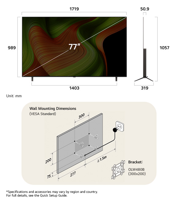 
  Dimension view of LG OLED AI B5 4K 77-inch, 1719×1057×319 mm, panel 50.9 mm, VESA 300x200.

 
