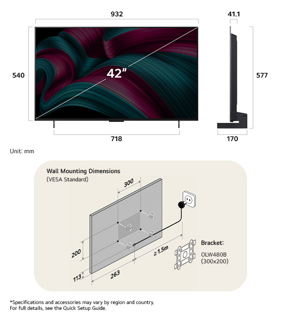 Dimension view of LG OLED evo AI C5 4K 42-inch, 932×577×170 mm, panel 41.1 mm, VESA 300x200.