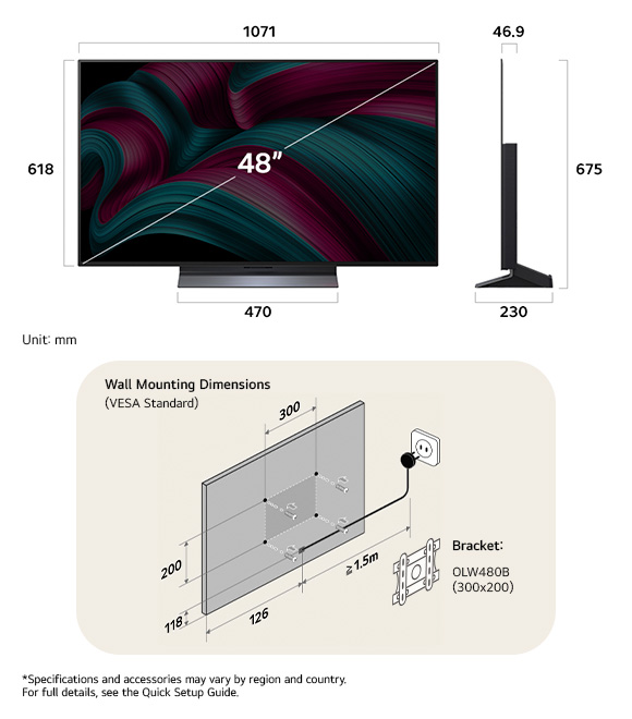 Dimension view of LG OLED evo AI C5 4K 48-inch, 1071×675×230 mm, panel 46.9 mm, VESA 300x200.