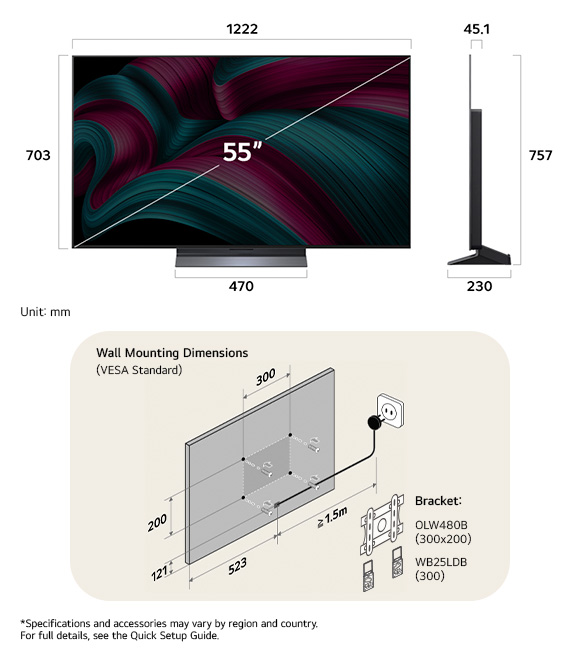 Dimension view of LG OLED evo AI C5 4K 55-inch, 1222×757×230 mm, panel 45.1 mm, VESA 300x200.