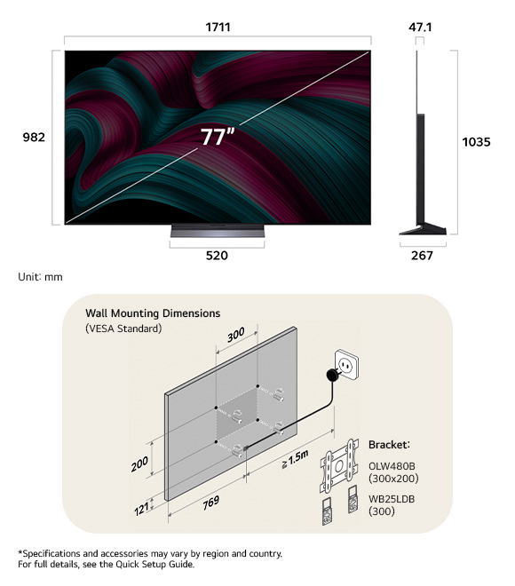 Dimension view of LG OLED AI B4 4K 77-inch, 1719×1057×319 mm, panel 50.9 mm, VESA 300x200.