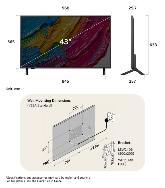 Dimension view of LG QNED MiniLED AI QNED80 4K 43-inch, 968×635×257 mm, panel 29.7 mm, VESA 200x200.