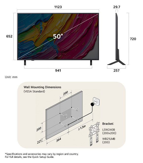 Dimension view of LG QNED MiniLED AI QNED80 4K 50-inch, 1123×720×257 mm, panel 29.7 mm, VESA 200x200.
