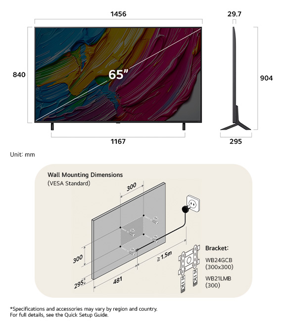 Dimension view of LG QNED MiniLED AI QNED80 4K 65-inch, 1456×904×295 mm, panel 29.7 mm, VESA 300x300.
