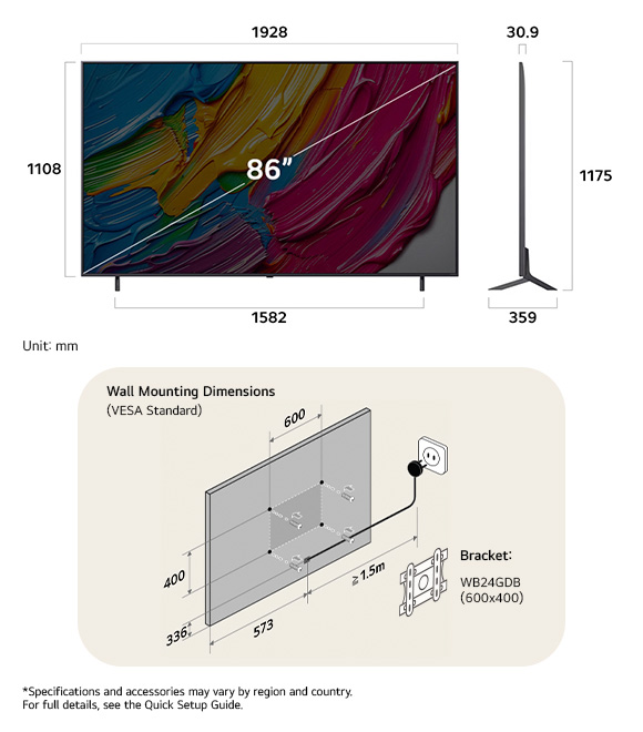 Dimension view of LG QNED MiniLED AI QNED80 4K 86-inch, 1928×1175×359 mm, panel 30.9 mm, VESA 600x400.