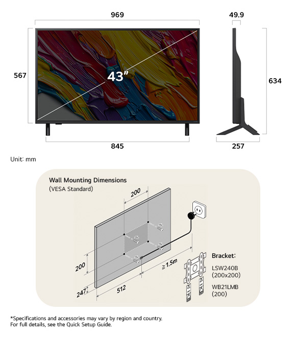 
  Dimension view of LG QNED MiniLED AI QNED82 4K 43-inch,
  969×634×257 mm, panel 49.9 mm, VESA 200x200.