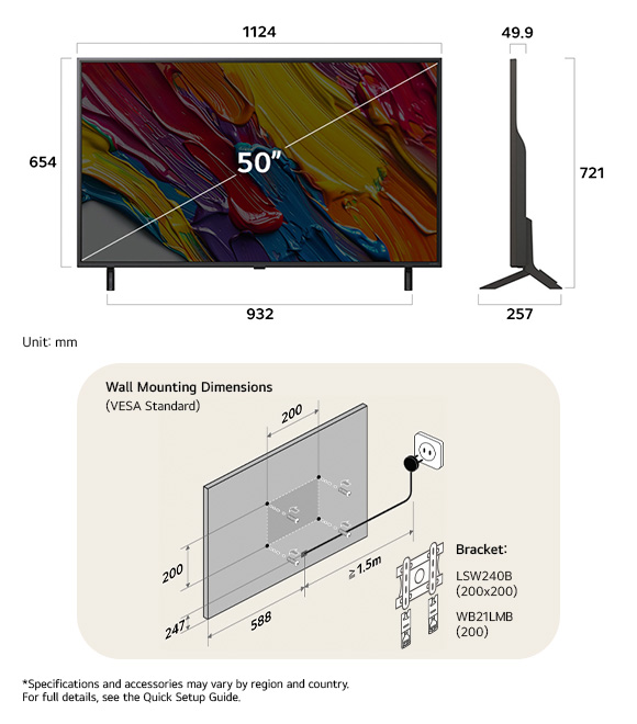 Dimension view of LG QNED MiniLED AI QNED82 4K 50-inch, 1124×721×257 mm, panel 49.9 mm, VESA 200x200.