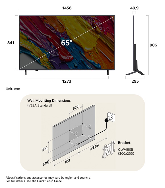 Dimension view of LG QNED MiniLED AI QNED82 4K 65-inch, 1456×906×295 mm, panel 49.9 mm, VESA 300x200.