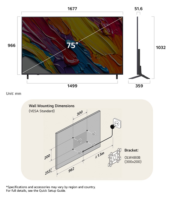 Dimension view of LG QNED MiniLED AI QNED82 4K 75-inch, 1677×1032×359 mm, panel 51.6 mm, VESA 300x200.