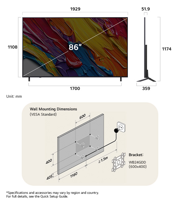Dimension view of LG QNED MiniLED AI QNED82 4K 86-inch, 1929×1174×359 mm, panel 51.9 mm, VESA 600x400.