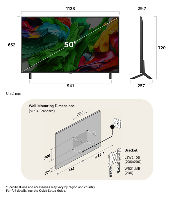 Dimension view of LG QNED MiniLED AI QNED85 4K 50-inch, 1123×720×257 mm, panel 29.7 mm, VESA 200x200.