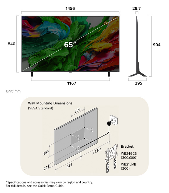 Dimension view of LG QNED MiniLED AI QNED85 4K 65-inch, 1456×904×295 mm, panel 29.7 mm, VESA 300x300.