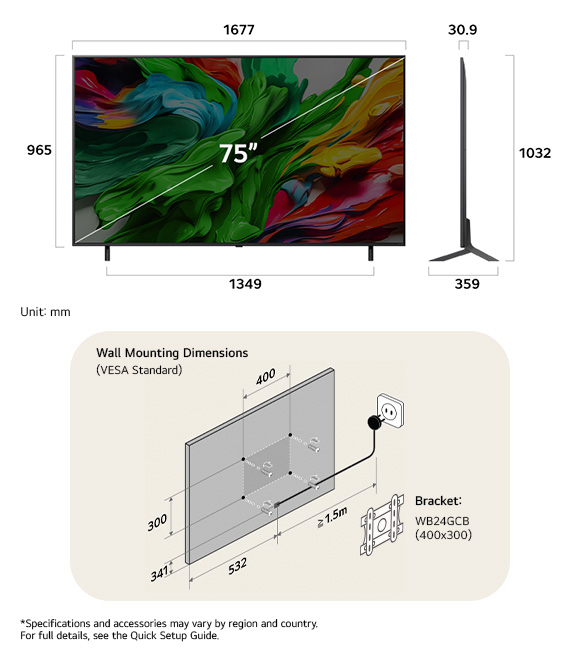 Dimension view of LG QNED MiniLED AI QNED85 4K 75-inch, 1677×1032×359 mm, panel 30.9 mm, VESA 400x300.