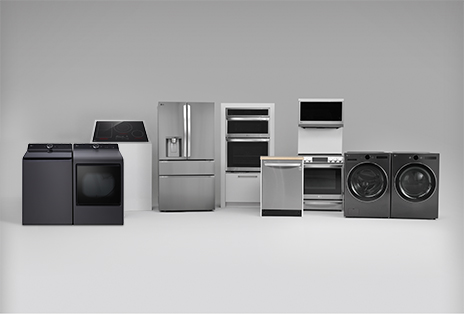 Full lineup of LG major appliances including top-load and front-load laundry pairs, French-door refrigerator, wall oven, cooktop, range, and dishwasher—representing LG’s reliable and innovative home appliance collection.