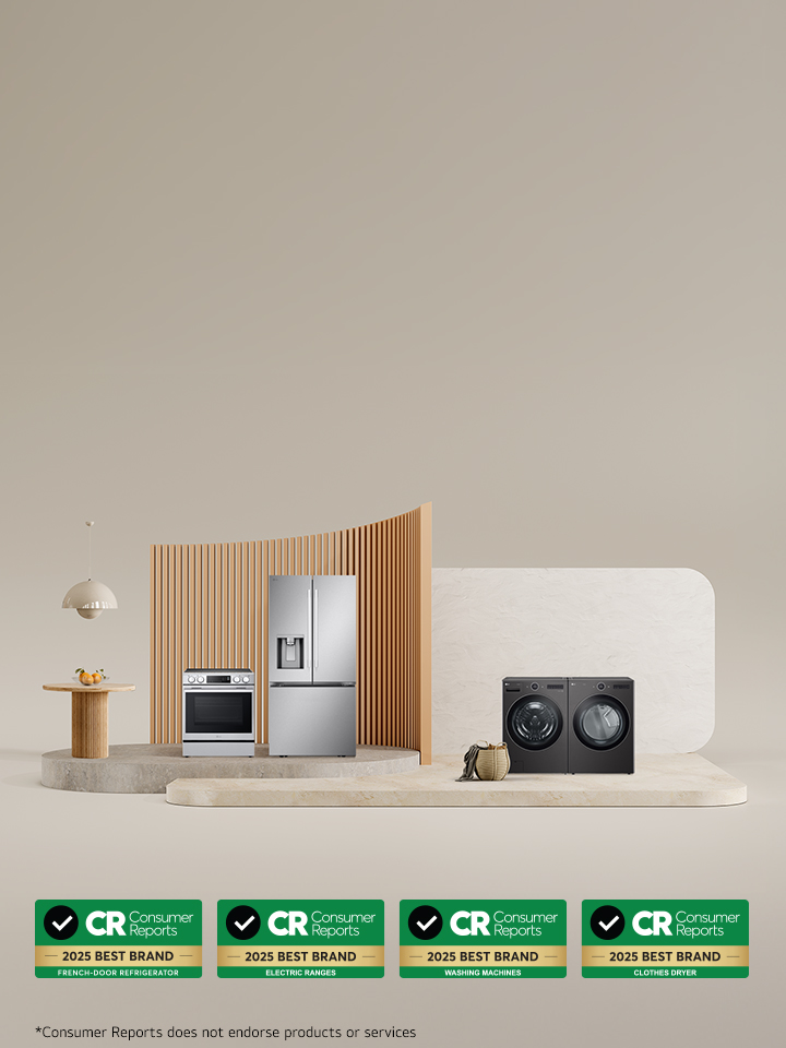 Lineup of LG appliances including a French-door refrigerator, electric range, washing machine, and dryer, displayed in a modern setting with 2025 Consumer Reports “Best Brand” badges for each category shown below.
