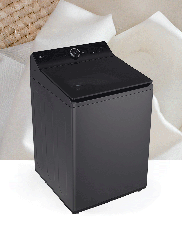 Black steel LG front-load washer and dryer tower with a central control panel and transparent glass doors.