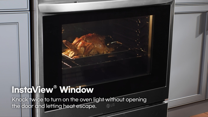 LG InstaView® oven door showing how two quick knocks let you check your food without opening the door or losing heat.