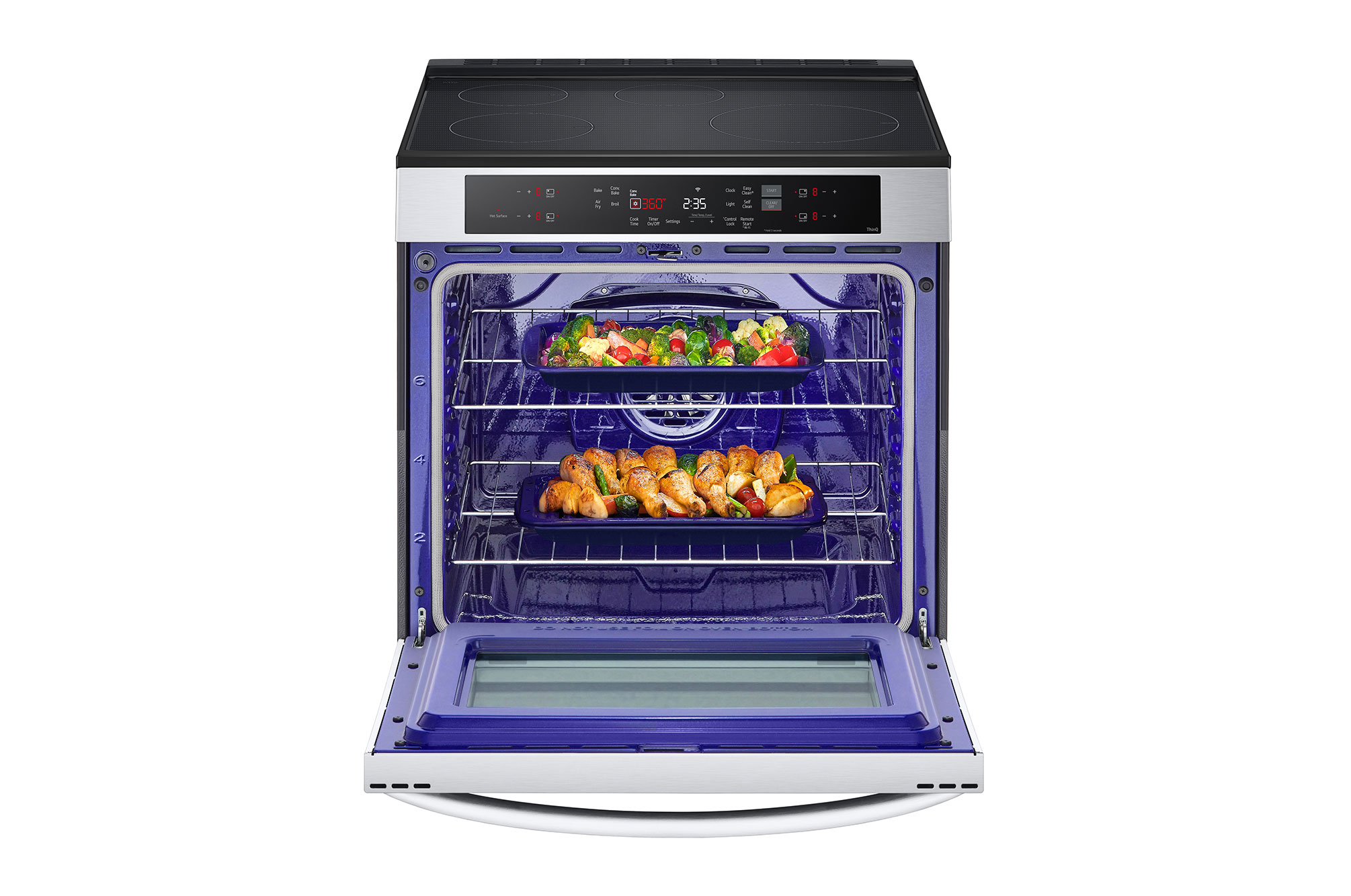 Font view with door open tray with food