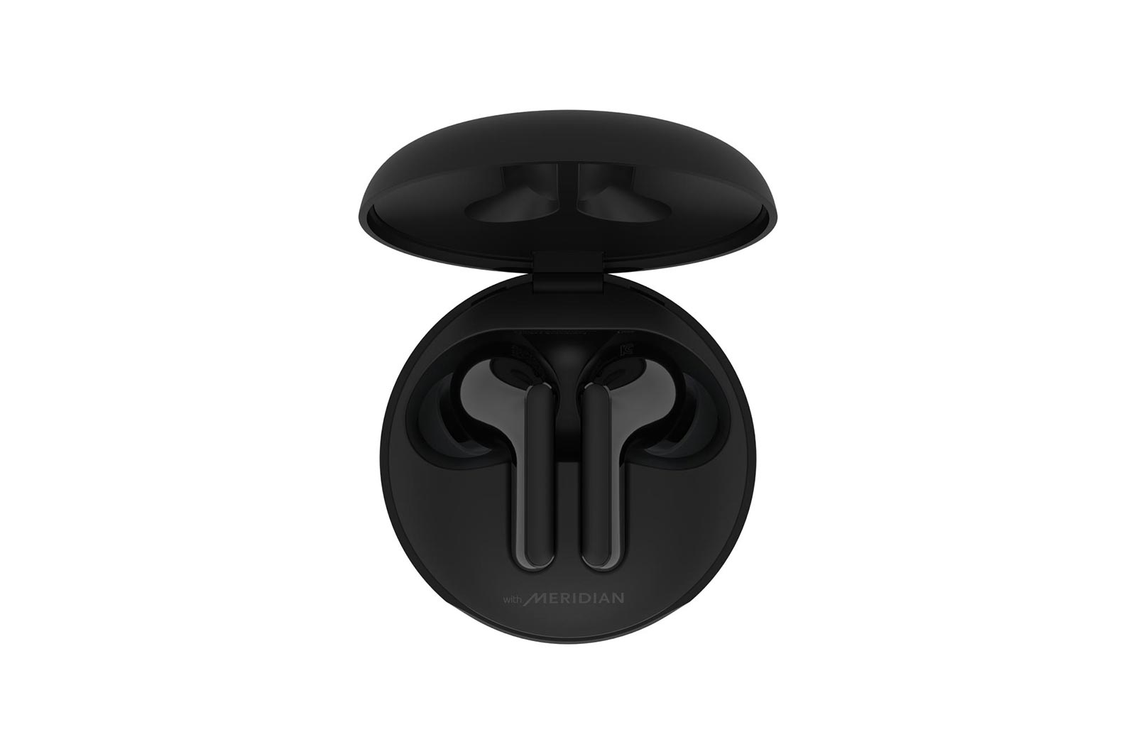 HBS-FN4-A top view of a cradle opened up and two earbuds inside it with UV lighting on