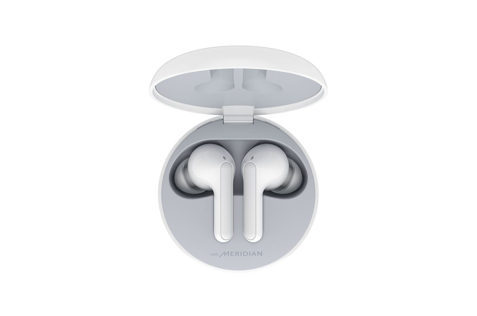 HBS-FN6-A top view of a cradle opened up and two earbuds inside it with UV lighting on