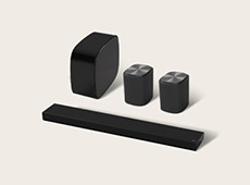 'LG Immersive Suite 7 pro, a set of home stereo audio system with a Sound Suite soundbar, two speakers and woofer