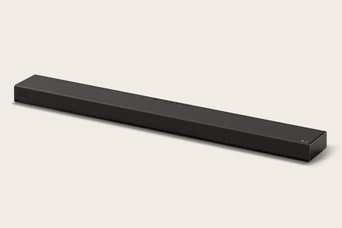 A black Sound Suite H7 Soundbar from above, turned at a slight angle	