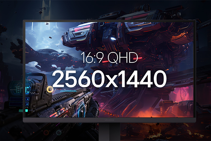 Close-up of the LG UltraGear™ 27G610A monitor on screen, showing a sci-fi game battle scene with futuristic spaceships and mechs. Overlay text highlights the resolution and aspect ratio: “16:9 QHD 2560×1440.”	