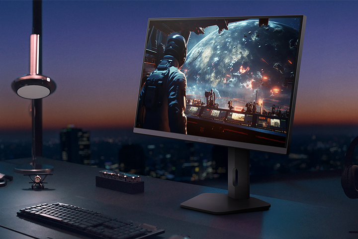 Front and rear view of the UltraGear™ 27g610a gaming monitor, displaying a futuristic racing scene on screen.