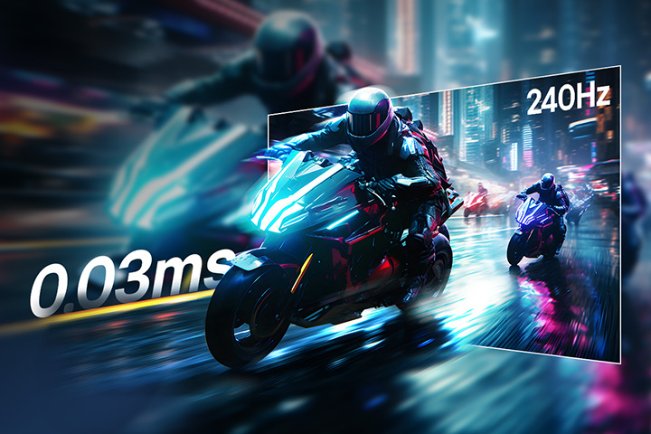 Racing game scene of extremely fast 0.03ms (GtG) response and a rapid 240Hz refresh rate.