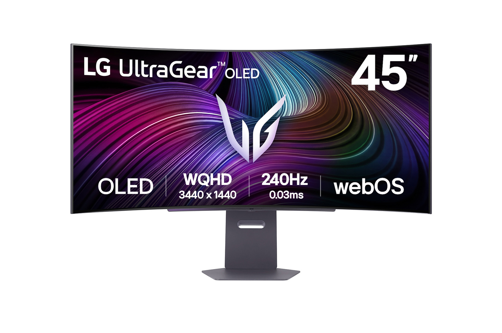 Front view of 45" LG UltraGear™ OLED Curved Gaming Monitor, 800R curve, 5K2K resolution, 165Hz refresh rate, Black (45GX90SA)