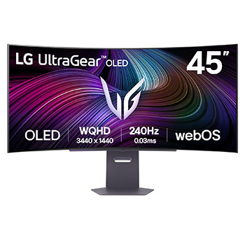 Front view of 45" LG UltraGear™ OLED Curved Gaming Monitor, 800R curve, 5K2K resolution, 165Hz refresh rate, Black (45GX90SA)