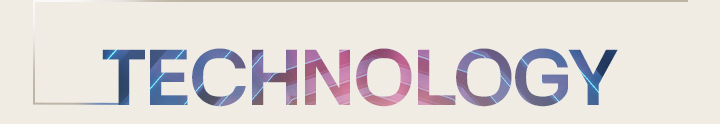 The word 'TECHNOLOGY' in large gradient letters centered on a dark background with a thin outlined box extending from the left.