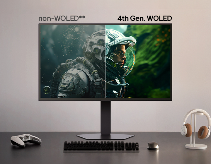 Side-by-side comparison of non-WOLED and 4th Gen. WOLED display quality, showing enhanced brightness, colour, and clarity on the right side using 4th Gen. WOLED technology. The monitor sits on a desk with a game controller, keyboard, and headset.