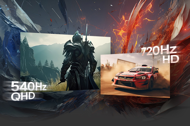 Graphic comparing two gaming scenes: a fantasy warrior rendered in QHD at 540Hz on the left, and a rally race car rendered in HD at 720Hz on the right. The two scenes overlap slightly against a dynamic abstract blue and red background, with ‘540Hz QHD’ and ‘720Hz HD’ labels displayed beside each image