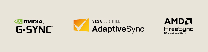 Logos of NVIDIA G-SYNC, VESA AdaptiveSync, and AMD FreeSync Premium Pro.