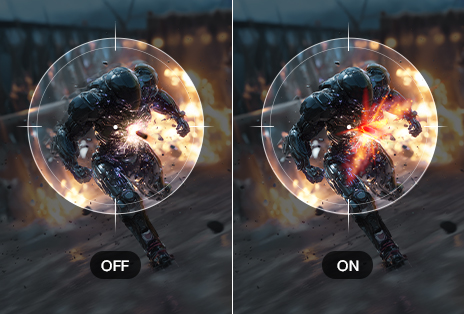 Side-by-side gaming scene comparing feature off and on, showing a blurred moving character on the left with ‘OFF,’ and a sharper, more stable image on the right with ‘ON.’ A circular zoom overlay highlights the visual difference