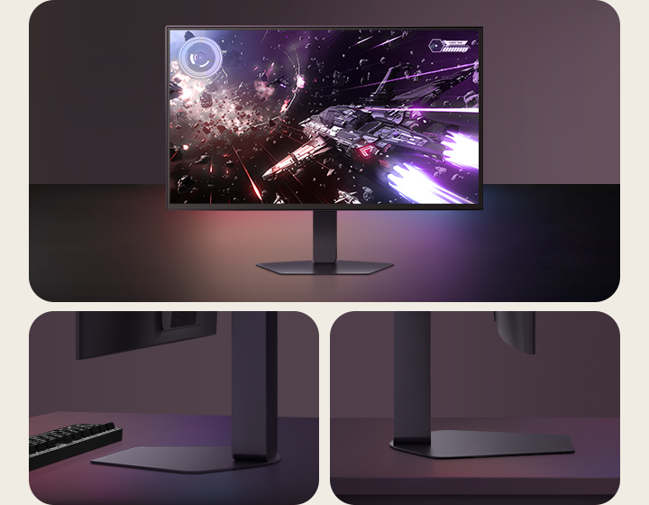 LG UltraGear 27GX790B gaming monitor displayed on a desk, showing a space battle scene with a spacecraft firing thrusters. To the right, two close-up shots highlight the slim stand design and base details of the monitor, emphasizing its minimal footprint and sleek profile