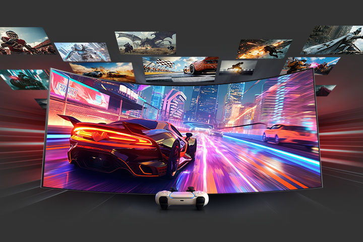 A curved gaming monitor shows a racing game with a red supercar in a neon-lit city. Other game scenes float around the screen. A white console controller is placed in front, highlighting console play.