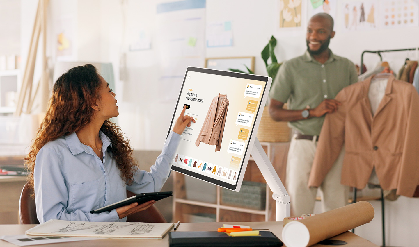 A man is holding a jacket, while a woman is touching the LG Smart Monitor Swing screen to view the jacket information.
