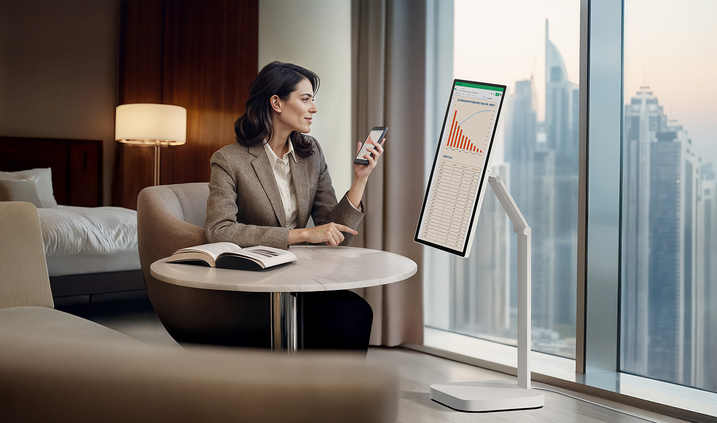 A woman is checking a chart on a LG Smart Monitor Swing in a hotel room.