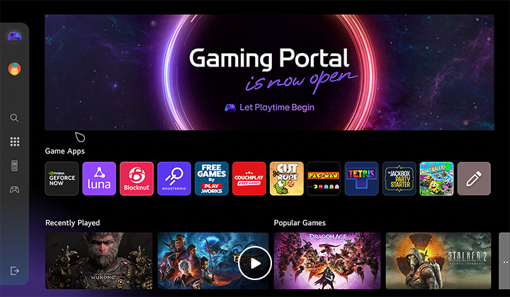 A curved monitor showcases a gaming dashboard with vibrant game icons, including action, puzzle, and cloud gaming apps. A cosmic, glowing portal graphic surrounds the screen, enhancing the sci-fi vibe.